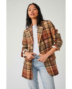 Add the ideal vintage-inspired touch to any look with this forever essential blazer featured in staple, classic silhouette and perfect plaid print for timeless style from season to season. Fit: Relaxed, slouchy fitFeatures: Button-front closure, staple shawl collar, defined shoulders, menswear-inspired fitWhy We <3 It: Just as effortless as it is essential, this oversized blazer adds the perfect touch of print and shape to any look. Care/Import Dry Clean Only Import Measurements for size small B Fall Plaid Outerwear With Notch Lapel, Trendy Fall Blazer With Notch Lapel, Winter Plaid Blazer With Double Button Closure, Trendy Tailored Fall Blazer, Trendy Double Button Fall Blazer, Plaid Blazer With Double Button Closure For Winter, Trendy Fall Everyday Blazer, Trendy Tailored Blazer For Fall, Trendy Everyday Fall Blazer