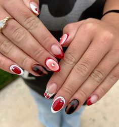 Cute Nails Ideas Short, Vintage Americana Nails, Red Cherry Nail Designs, Funky Nail Ideas Fun, Hard Nail Designs, Fun Red Nails, Luminary Nails Design, Coke Nails, 70s Nails Retro