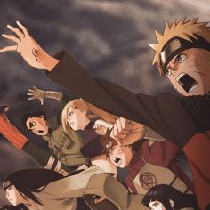 an anime scene with many people and one person holding his arms out in the air