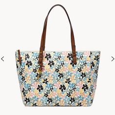 This Is Brand New Fossil Tote, Multi Color Flower Print Bag Leather Bags With Floral Print For Shopping, Pink Floral Print Leather Bag, Multicolor Floral Print Shopping Bag, Fossil Watches Women, Fossil Wallet, Fossil Bags, Genuine Leather Wallets, Branded Handbags, Tote Purse