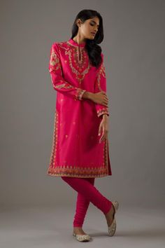 Fuchsia straight kurta with floral pattern hand embroidery. Comes with churidar and dupatta.
Components: 3
Pattern: Hand Embroidered
Type Of Work: Floral
Neckline: Mandarin
Sleeve Type: Straight Long
Fabric: Chanderi Silk, Cotton, Lining: Cotton
Color: Fuchsia
Other Details: 
Front potli buttoned collar
Attached lining
Occasion: Puja - Aza Fashions Pink Churidar With Intricate Embroidery And Long Sleeve, Pink Long Sleeve Churidar With Intricate Embroidery, Pink Straight Kurta With Intricate Embroidery, Pink Embroidered Kurta For Eid, Pink Embroidered Churidar For Reception, Embroidered Pink Churidar For Reception, Pink Unstitched Churidar With Intricate Embroidery, Bollywood Style Pink Kurta With Intricate Embroidery, Pink Silk Embroidered Churidar