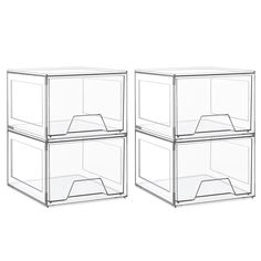 two clear plastic boxes sitting side by side on top of each other in front of a white background