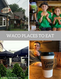 some people are eating and drinking at the same place in front of a restaurant with green shirts on