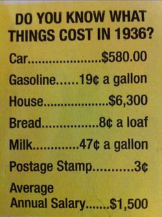 a yellow sign that says do you know what things cost in 1956? car gasoline $ 350 00 house