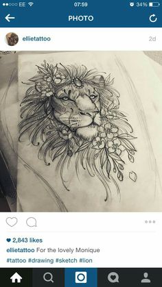 a drawing of a lion with flowers on it's head, and the caption is