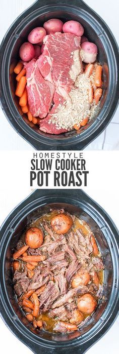 two pictures showing how to make slow cooker pot roast