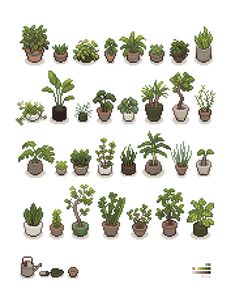 a bunch of potted plants are shown in pixel art style, with different shapes and sizes