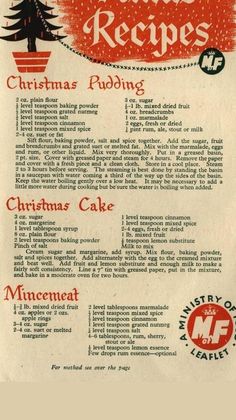 an old recipe for christmas pudding with pine trees on the top and red lettering in white