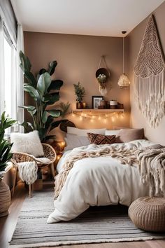 a bedroom with lots of plants and lights on the wall