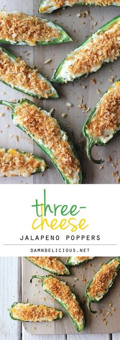 three cheese jalapeno poppers on a cutting board with the title above it