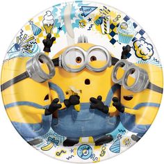 a paper plate with two minion characters in overalls and glasses on it,