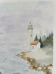 a watercolor painting of a lighthouse near the ocean