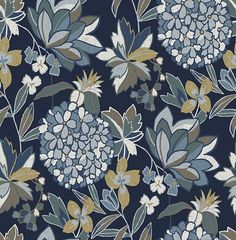 Valdivian Indigo Floral Wallpaper Navy Wallpaper Bedroom, Dark Blue Floral Wallpaper, Ideas For Fireplace Wall, Navy Blue Floral Wallpaper, Hydrangeas Wallpaper, Navy Floral Wallpaper, Wallpaper For Dining Room, Bathroom Wallpaper Inspiration, Bold Floral Wallpaper