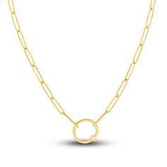 A shimmering round diamond accent adorns a stunning high-polish circle in this chic women's necklace. Fashioned in 14K yellow gold, the 18-inch open-link paperclip chain secures in place with a lobster clasp. Yellow Gold Diamond Necklace With Paperclip Chain, Diamond Necklace With Paperclip Chain And Oval Links, Modern Diamond Necklace With Delicate Chain, Modern Yellow Gold Diamond Necklace With Round Pendant, Gold Circular Diamond Necklace, Modern Round Diamond Necklace With Adjustable Chain, Formal Round Chain Necklace With Spring Ring Clasp, Modern Yellow Gold Diamond Necklace With Delicate Chain, Classic Diamond Necklace With Paperclip Chain