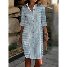 Season:Summer,Spring,Autumn,Fall; Fabric:Polyester; Sleeve Length:3/4 Length Sleeve; Look After Me:Machine wash; Gender:Women's; Style:Casual Daily,Street Style,Modern,Fashion,Casual; Elasticity:Micro-elastic; Occasion:Vacation,Daily,Outdoor,Weekend; Fit Type:Loose Fit; Dresses Type:Shirt Dress,Casual Dress; Pattern:Striped; Design:Button,Print; Neckline:Shirt Collar; Front page:FF; Listing Date:08/11/2023; Production mode:External procurement; 2024 Trends:2023; Bust:; Length:; Shoulder Width:; Casual Striped Shirt, Shirt Collar Pattern, Summer Shift Dress, Look Casual Chic, Three Quarter Sleeve Dresses, Striped Shirt Women, Button Down Shirt Dress, Mode Casual