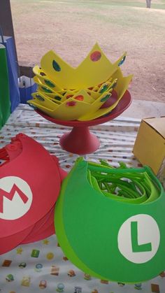 several nintendo themed items are sitting on a table