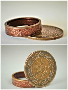 "Canadian Large One Cent Penny with Dusky Rose Nanoceramic: - Glowing Copper Coin Ring - Your choice of Nano Ceramic Color. (see the third photo) - Comes in a cute box ready for gift giving. - Made to order, just for you. These rings are handcrafted using a copper George V Canadian Large Cent Penny Coin. Issued from 1911-1920, they feature a beautiful vine and ivy design encircled by dots, engraved by Horace Morehen, which will be on the outside of the ring. The inside of the ring features the t Canadian Penny, Coin Rings, Brown Rings, Vine Ring, Cheap Engagement Rings, Coin Art, Penny Coin, Purple Rings, Green Rings