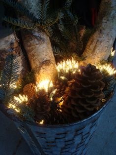 a basket filled with pine cones and lights