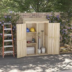 an outdoor storage shed with its doors open