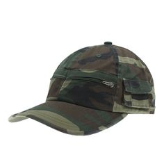 a camo cap with zippers on the front and side panels, in green