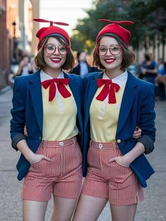 two women in matching outfits standing next to each other