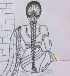 a drawing of a woman sitting on the floor with her hair in a fishtail braid