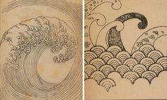 an old book with drawings on it and another image of a wave in the background