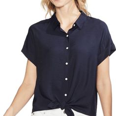 Measurements Laying Flat: Armpit-Armpit: 23" Lenght: 25.5" B248 Casual Viscose Tops With Button Closure, Elegant Navy Short Sleeve Tops, Elegant Navy Button-up Tops, Casual Navy Short Sleeve Blouse, Chic Navy Short Sleeve Blouse, Navy Short Sleeve Blouse For Summer, Navy Tops For Daywear In Spring, Navy Tops For Spring Daywear, Navy Collared Blouse For Summer