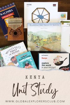 an assortment of books with the words kenya unit study written on them and in front of it