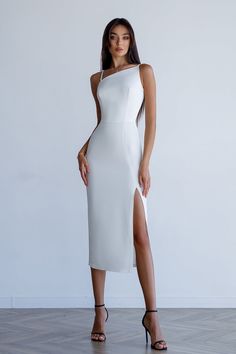 Fabric: Crepe Cotton 75%, Polyester 20%, Elastane 5% Asymmetric neckline Adjustable Strap Sleeveless dress Bodycon fit Thigh slit Midi length Graduation Outfits For Women, Bodycon Outfits, Wear Store, Asymmetric Neckline, Branding Photography, Game Dresses, Grad Dresses, Dinner Dress, Women's Wear