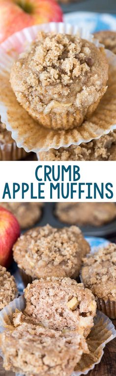 some muffins are stacked on top of each other with apples in the background