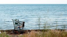 a chair sitting on top of a beach next to the ocean