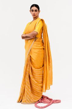 Yellow linen tissue saree with half leheriya pattern and mirror hand work on pallu and border. Paired with an unstitched blouse piece with hand mirror work on front neck, back and sleeves. - Aza Fashions Mirror Hand Work, Yellow Mirror, Tissue Saree, Yellow Silk, Hand Mirror, Mirror Work, Hand Work, Blouse Piece, Aza Fashion