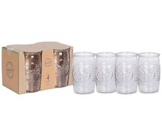 a set of six plastic cups in front of a cardboard box