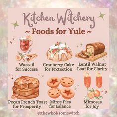 the kitchen witchy foods for yule poster is displayed on a pink background with white stars