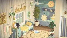 the room is decorated in pastel colors and has plants on the windowsills