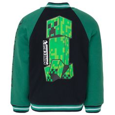 Get your gamer ready for a fun, action-packed adventure with this Minecraft Varsity Bomber Jacket featuring the cool green pixelated Creepers. Mine for materials, battle mobs, and build your unique world as you explore the ever-changing Minecraft landscape and create anything you can imagine. Your little one will love this cute, comfy, and stylish long sleeve letterman jacket featuring their favorite video game so much, they will always want to wear it. Minecraft Landscape, Cool Green, Letterman Jacket, Cute Comfy, Black 7, Big Kid