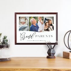 a family photo hanging on the wall above a desk