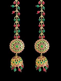 gold plated earrings color of stone - green and ruby pink type of stone - cz Polki pearls / beads - quartz beads plating - gold plated length in inches - 2.8 inches width in inches - 1 inches Ear post - straight Festive Temple Jewelry Earrings With Round Beads, Green Dangle Jewelry For Diwali, Festive Round Jewelry With Dangling Beads, Festive Stone Work Beaded Earrings, Gold Plated Green Jewelry With Latkans, Green Gold-plated Jewelry With Latkans, Festival Gemstone Drop Earrings, Kundan Round Beads Temple Jewelry Earrings, Kundan Temple Jewelry Earrings With Round Beads