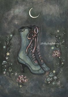 a painting of a pair of shoes with the moon in the sky above them and flowers all around