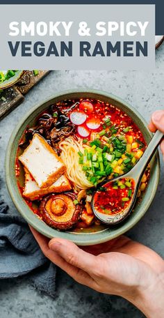 a bowl of smoky and spicy vegan ramen