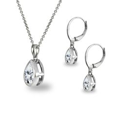 Wear this stylish jewelry set to enhance your daytime and evening look. These dangle earrings and necklace feature 8x6mm and 7x5mm pear-cut stones in a polished bezel setting. This luxurious set is crafted of fine sterling silver. The pendant hangs from a 16 inch rolo chain and secures by a spring-ring clasp. These leverback earrings measure 7mm W and 25mm L . This dainty necklace measures 7mm W and 17mm L. This fashion set in fine jewelry is a great addition to your 925 silver jewelry collectio Earrings And Necklace, Leverback Earrings, 925 Silver Jewelry, Rolo Chain, Stylish Jewelry, Dainty Necklace, Pear Cut, Bezel Setting, Earrings Set