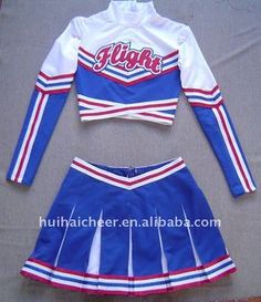 a cheerleader uniform is displayed on a bed with the word hight written in red, white and blue