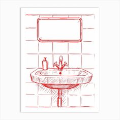 a drawing of a bathroom sink with soap and toothbrushes on the counter top