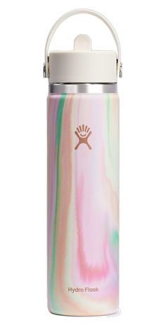 the hydro flask water bottle in pink, yellow and green with a white lid