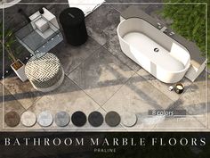 an aerial view of a bathroom with marble floors and flooring, including a bathtub