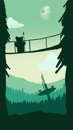 a person walking across a suspension bridge over a forest filled with trees and people in the distance