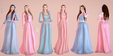 four different colored gowns with long hair and braids on the sides, one is wearing