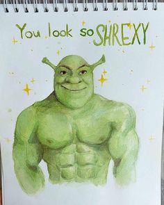 a drawing of a smiling green man with stars on his chest and arms, in front of the words you look so shrefy