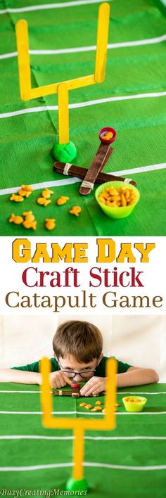 this game day craft stick catapult game is perfect for kids to play with